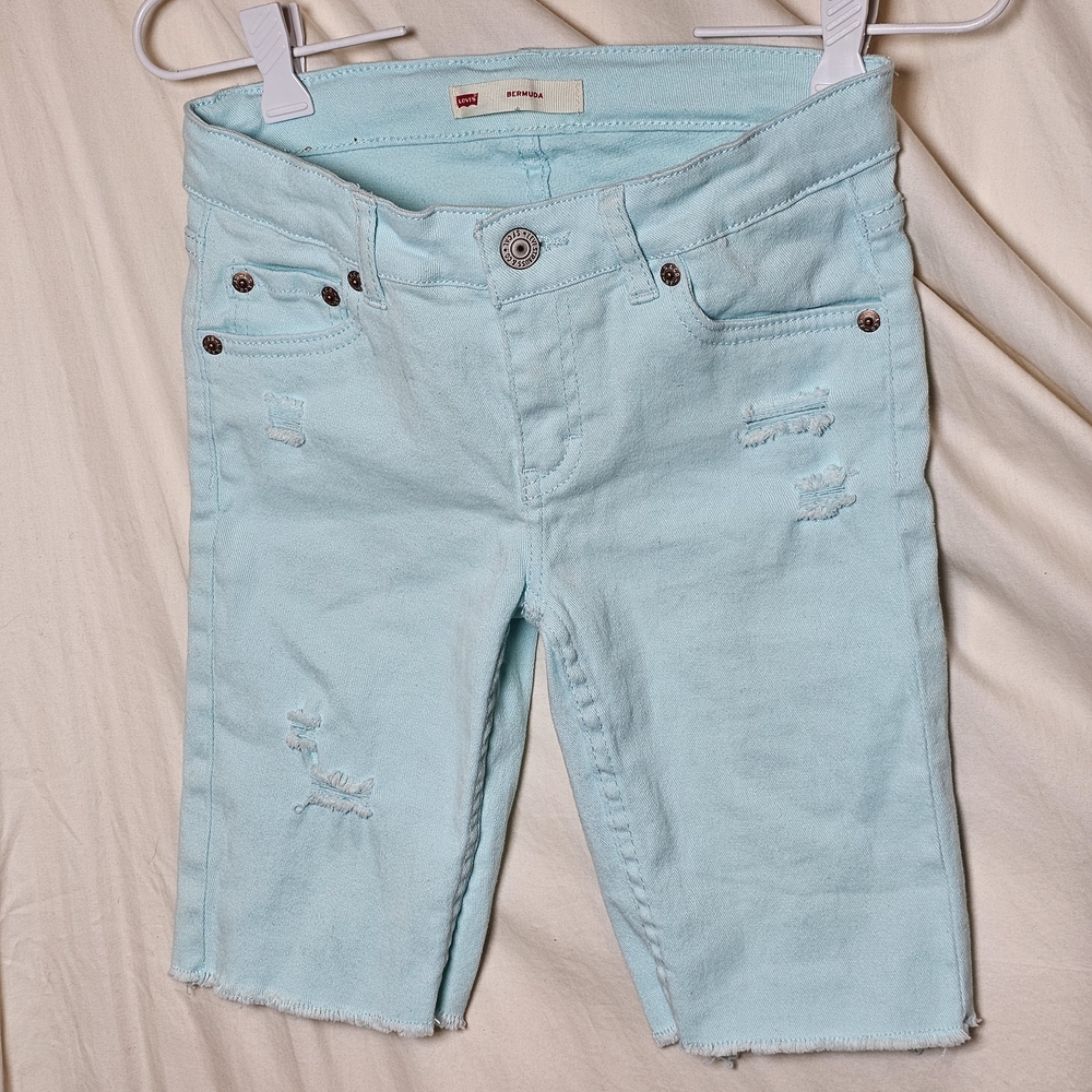 Levi's Kids Aqua Distressed Size 10 Adjustable Waist Bermuda Shorts 8 In Inseam